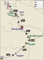 Tour map New Delhi - Keoladeo Ghana - Khajraho - Nagpur - Kanha - Bandhavgarh - Agra map